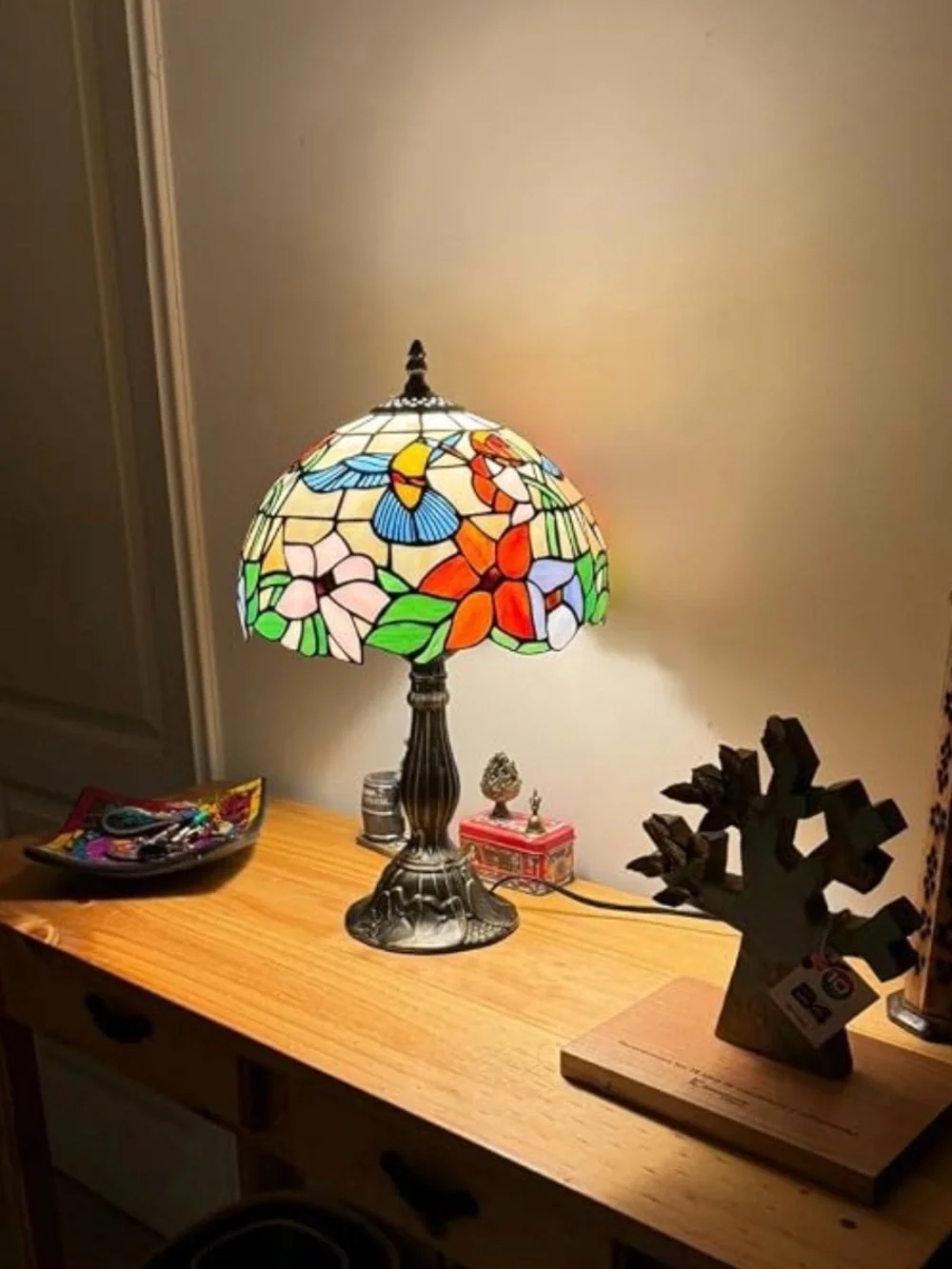 Tiffany Style Hummingbird Stained Glass Table Lamp Bedside Desk Lamp 18”